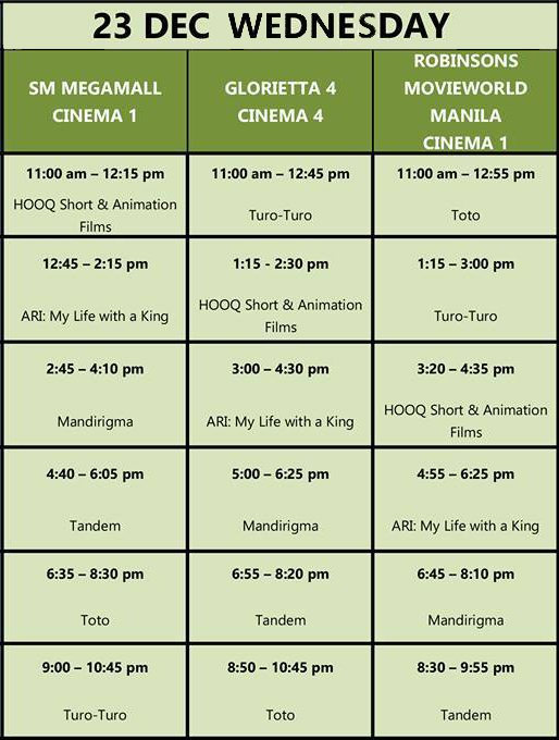 MMFF New Wave 2015 Dec 23 schedule