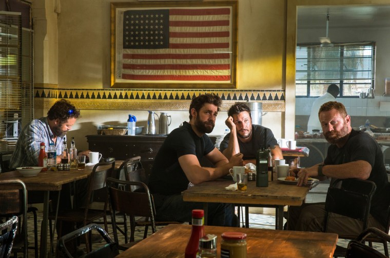 Left to right: David Denman plays Dave "Boon" Benton, John Krasinski plays Jack Silva, Pablo Schreiber plays Kris "Tanto" Paronto and Max Martini plays Mark "Oz" Geist in 13 Hours: The Secret Soldiers of Benghazi from Paramount Pictures and 3 Arts Entertainment / Bay Films in theatres January 15, 2016.