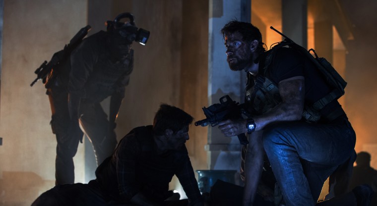 Left to right: Demetrius Grosse plays DS Dave Ubben, David Giuntoli plays DS Scott Wickland and John Krasinski plays Jack Silva in 13 Hours: The Secret Soldiers of Benghazi from Paramount Pictures and 3 Arts Entertainment / Bay Films in theatres January 15, 2016.