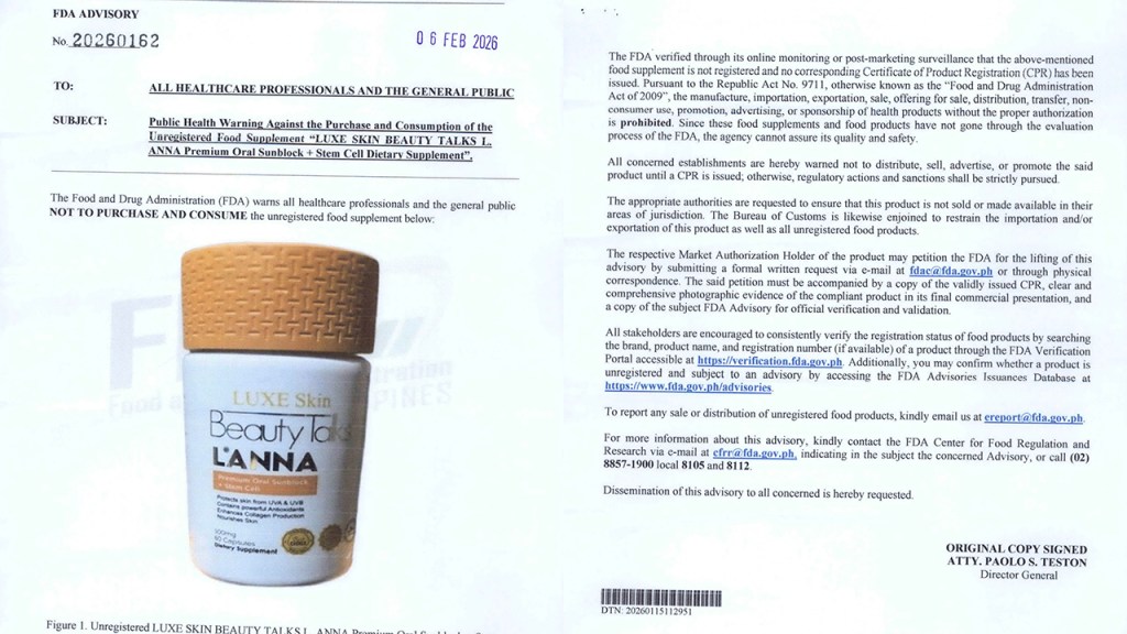 FDA warns against unregistered Luxe Skin supplement