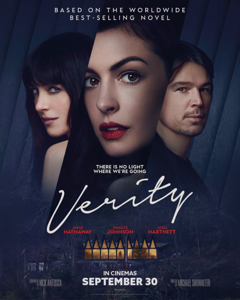 Movie poster for 'Verity' featuring three main characters, with dark background and eerie lighting. The tagline reads, 'There is no light where we're going'.