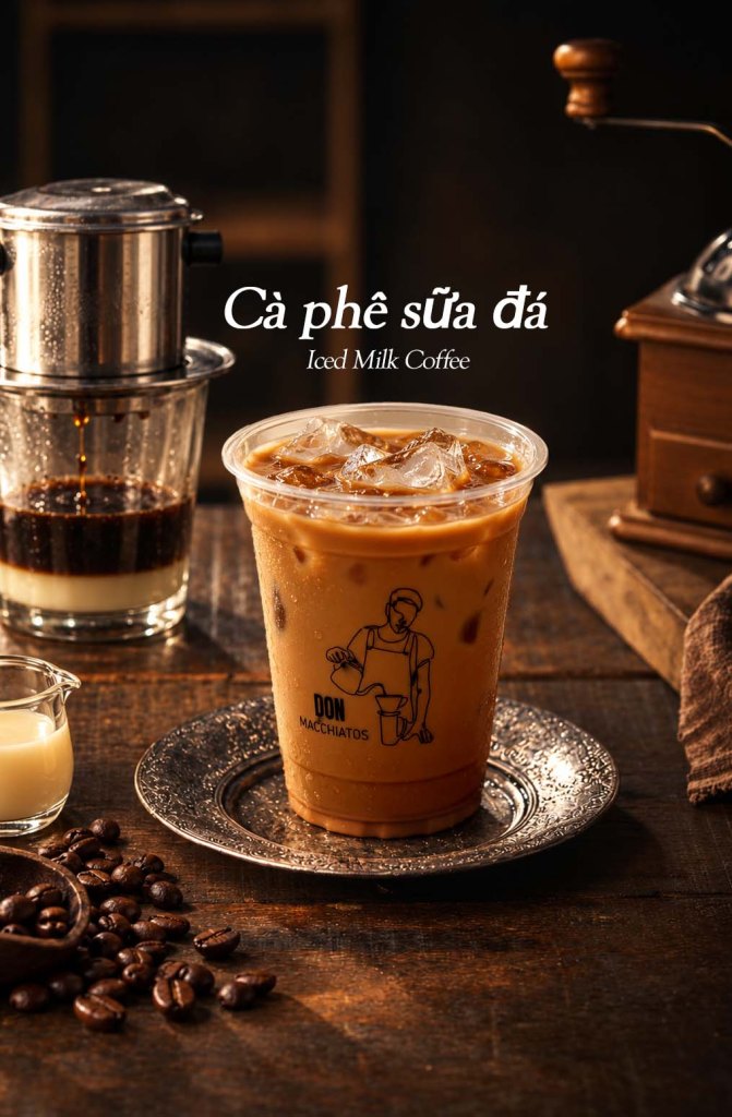 A cup of iced milk coffee, known as 'Cà phê sữa đá', served on a decorative plate. In the background, a coffee filter and grinder are visible, along with a small jug of condensed milk and roasted coffee beans scattered on the wooden table.