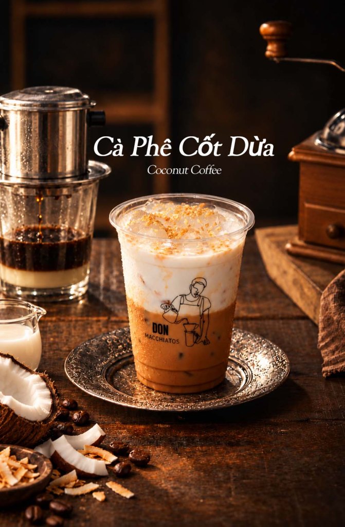 A glass of coconut coffee topped with shredded coconut and served on a decorative plate. In the background, a traditional coffee filter and coffee grounds are visible, along with pieces of coconut and coffee beans.