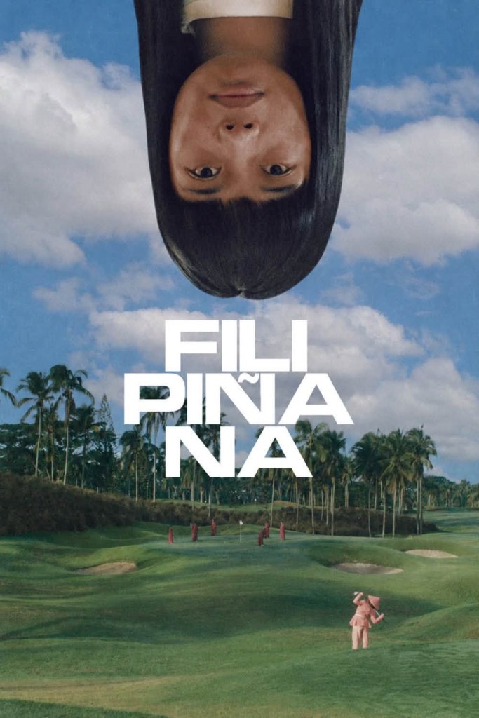 A surreal image featuring a woman with long dark hair upside down against a blue sky with clouds, with a golf course landscape below and figures in red and pink outfits in the background.