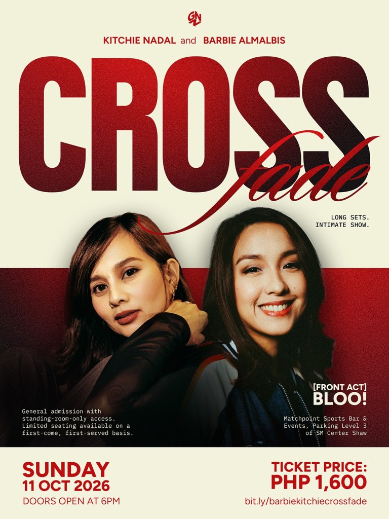 Promotional poster for the 'CROSSfade' concert featuring Kitchie Nadal and Barbie Almalbis, scheduled for October 11, 2026. It highlights event details such as ticket price, location, and front act, Bloo.