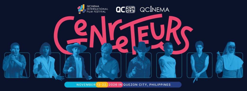 Promotional banner for the QCinema International Film Festival featuring diverse male characters posing, with the event title 'Générateurs' displayed prominently. The dates are November 13-22, 2026, in Quezon City, Philippines.
