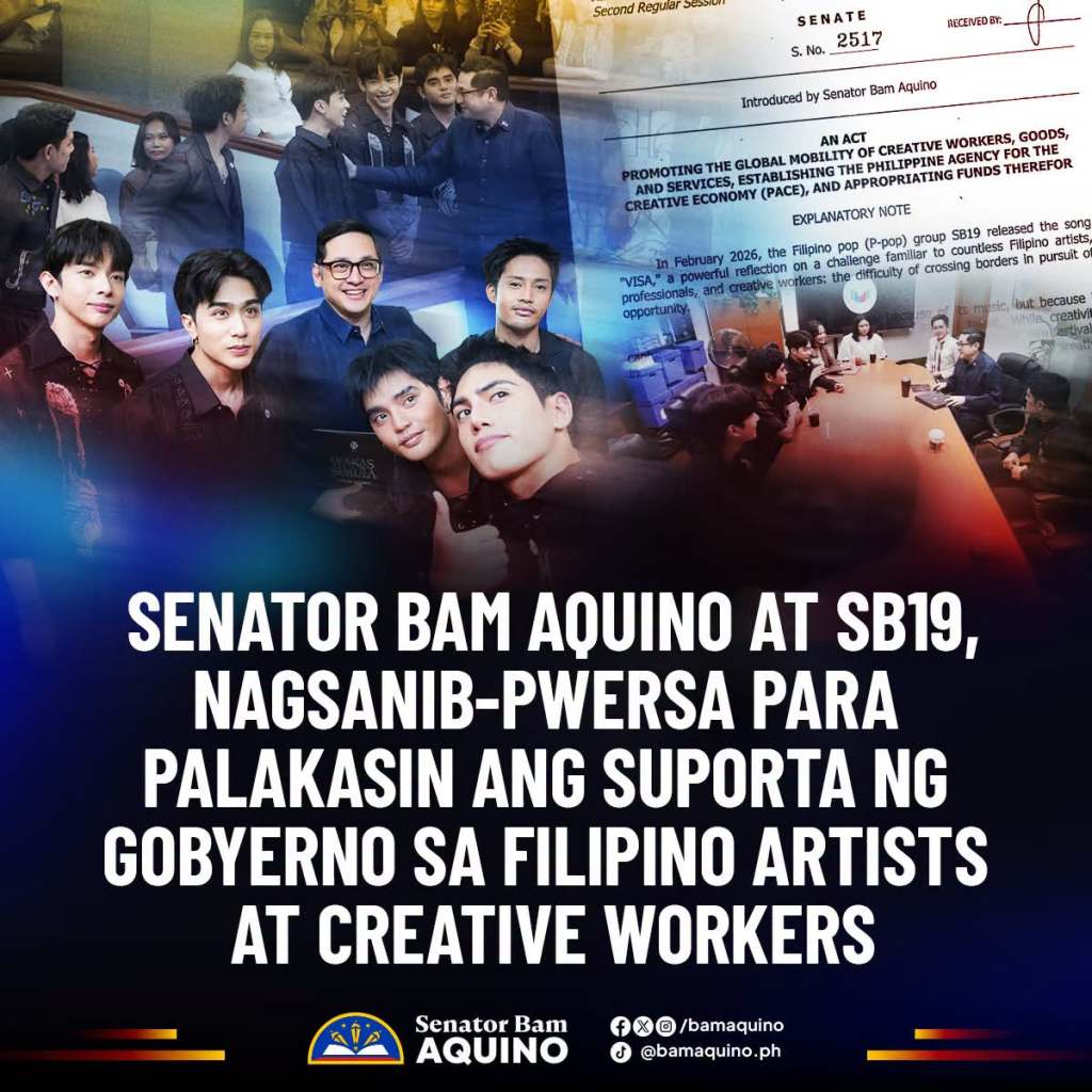 Senator Bam Aquino with the Filipino pop group SB19, promoting support for Filipino artists and creative workers.