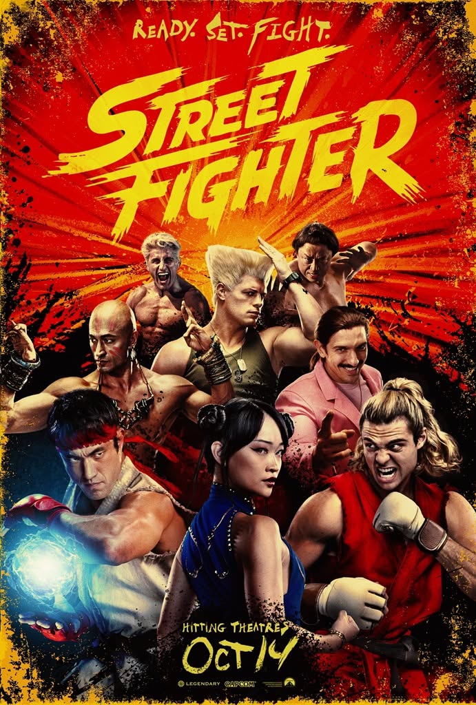 A vibrant movie poster for 'Street Fighter' featuring multiple characters in dynamic poses, showcasing a mix of martial arts styles. The background is bright red with explosive graphics, and the text emphasizes an upcoming release date.