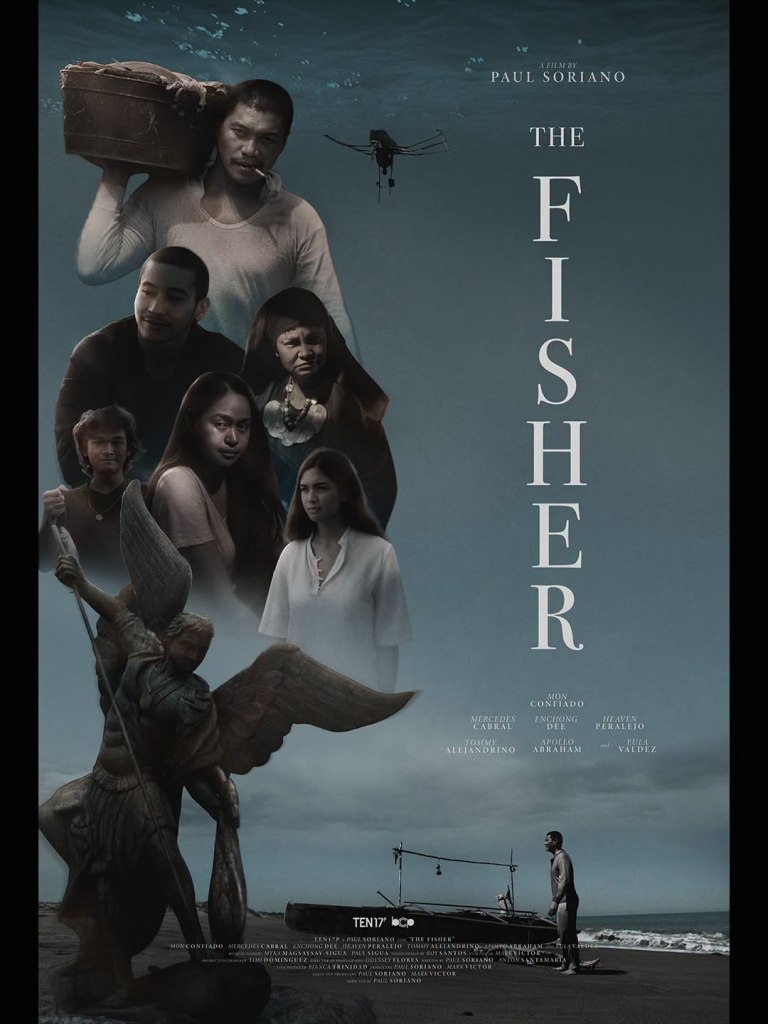 Film poster for 'The Fisher' featuring an underwater scene with multiple characters and a statue, highlighting themes of fishing and community.