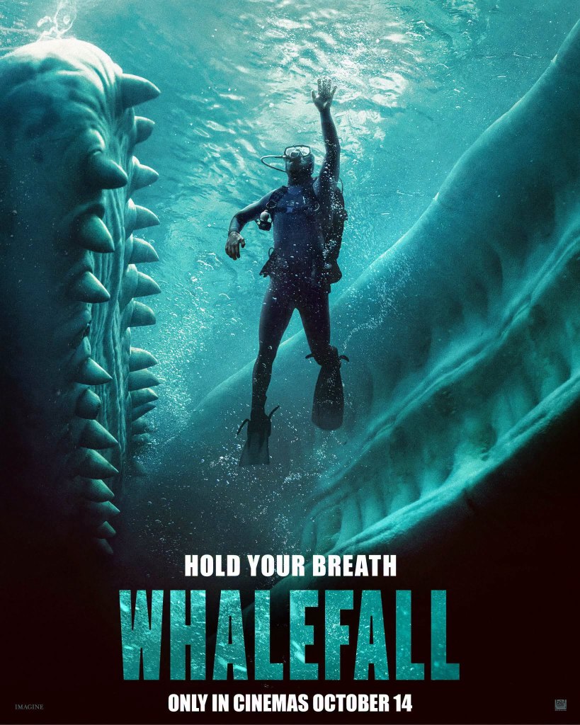 A scuba diver swimming beneath the water, with large whale jaws in the background, promoting the movie 'Whalefall' with the tagline 'Hold Your Breath' and release date information.
